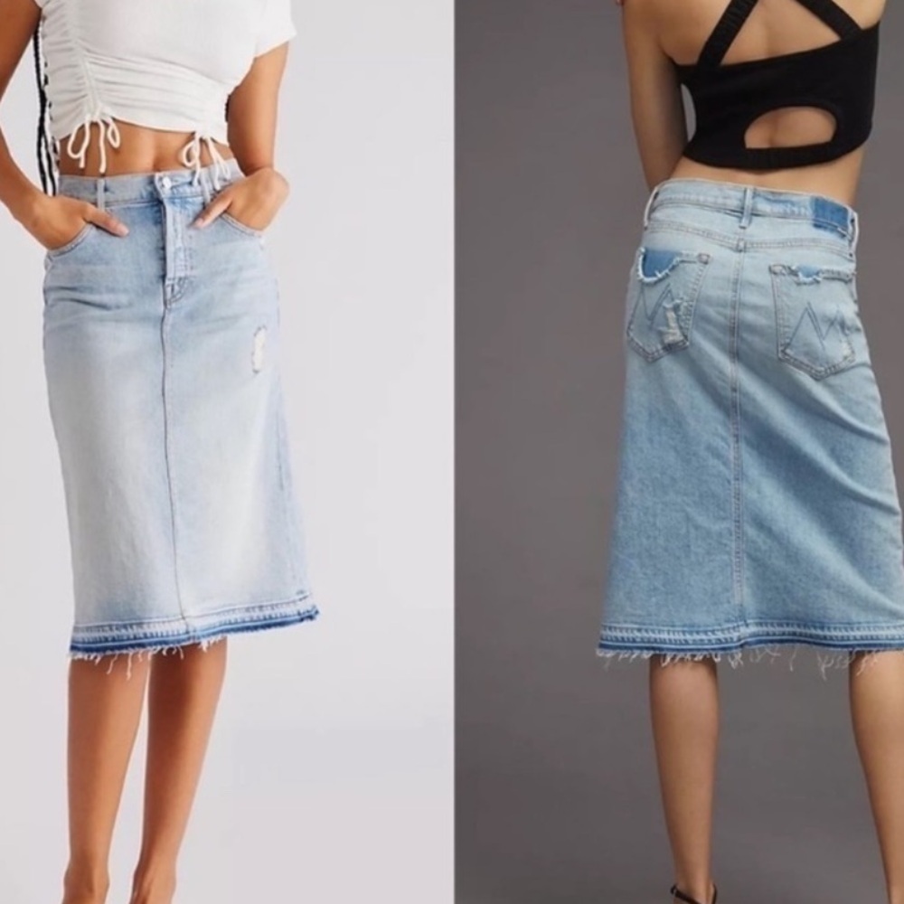 MOTHER The Vagabond Midi Undone Hem Skirt in Vacation Temptation Blue
